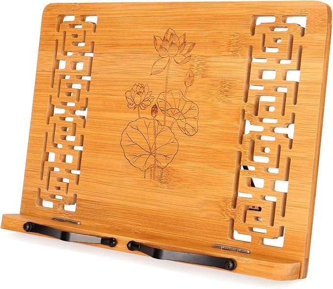 MEGREZ Book Stand for Reading (13.2 x 9.4 inch) Bamboo Cookbook Stand Holder for Kitchen, Adjustable Book Holder Stand for Tablet/Textbook Holder/Hollow Bookrest Stand, Lotus Flower & Lotus Leaf
