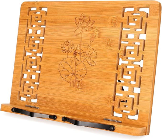 MEGREZ Book Stand for Reading (13.2 x 9.4 inch) Bamboo Cookbook Stand Holder for Kitchen, Adjustable Book Holder Stand for Tablet/Textbook Holder/Hollow Bookrest Stand, Lotus Flower & Lotus Leaf