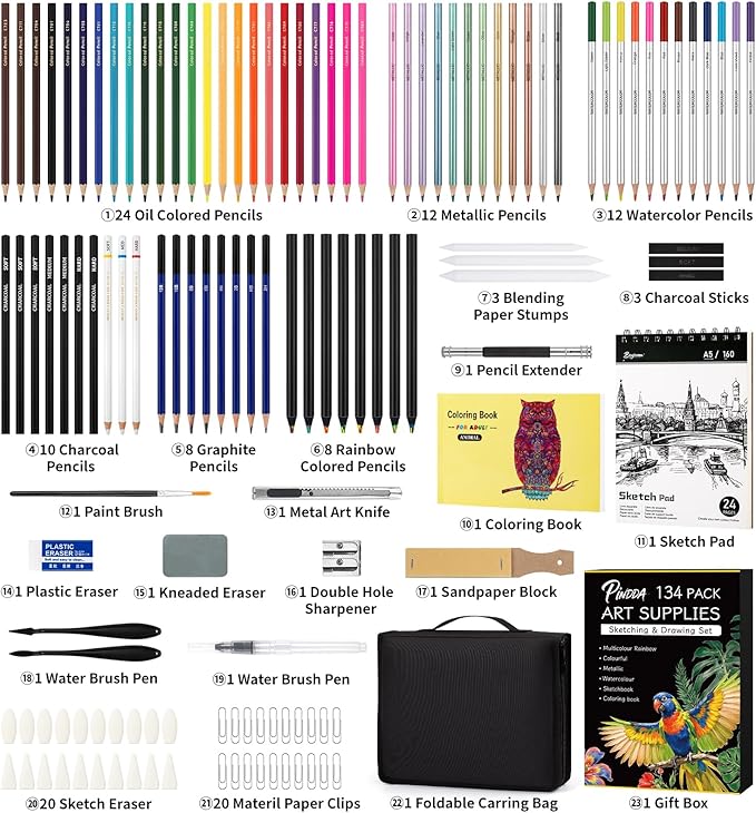 134PCS Art Supplies Sketching Kit, Drawing Set with Rainbow, Colored, Graphite, Watercolor, Metallic, Charcoal Pencils, Art Kits Drawing Pencil Set Gifts for Artists Adults Teens Girls Boys