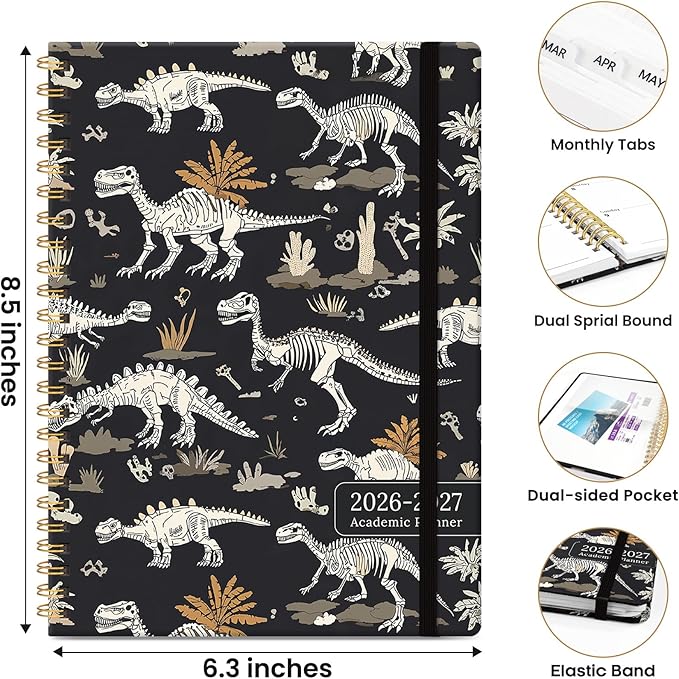 Planner 2026-2027, Academic Planner Weekly and Monthly, Jul 2026 - Jun 2027, Spiral Bound School Planning Tool with Tabs and Pocket, Perfect for Students & Teacher, 6.3" x 8.5", Dino Fossils