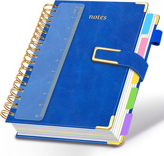 Hardcover Spiral Notebook College Ruled, 8.5"x11" Leather Journal Notebook with Magnetic Closure, 300 Pages 5 Subject Notebook with Dividers Tabs Journal for Women Men, Work, School(College Blue)