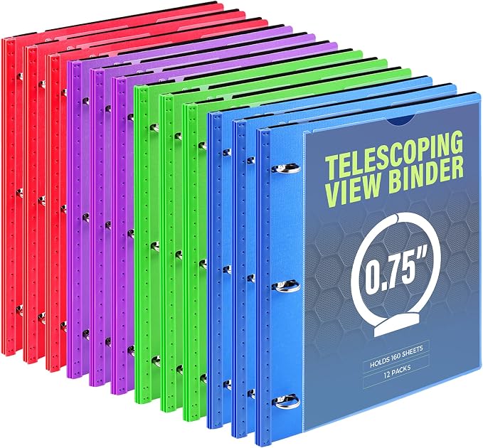 WOT I 12-Pack Telescoping 3 Ring Binder(0.75"), Expandable Flexible Binder - Patented Design for Easy Portability, Holds 8.5"x11" Paper, 4 Vibrant Colors, Perfect for School, Office&Home Organization