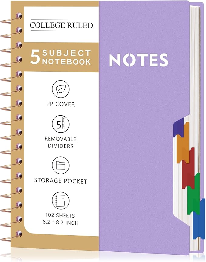 CAGIE Small Spiral Notebooks with Removable Dividers Tabs, 5 Subject Notebook College Ruled 6''×8'', A5 Notebooks for School Work with Plastic Cover, Back Pocket, Spiral Bound, Purple