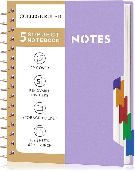 CAGIE Small Spiral Notebooks with Removable Dividers Tabs, 5 Subject Notebook College Ruled 6''×8'', A5 Notebooks for School Work with Plastic Cover, Back Pocket, Spiral Bound, Purple