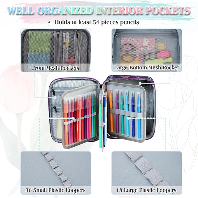 Large Pen Pencil Case,VONXURY High Capacity Art Colored Pencil Pouch Portable Stationery Organizer With 2 Detachable Layers 54 Slots Multiple Zipper Pockets for School Office College