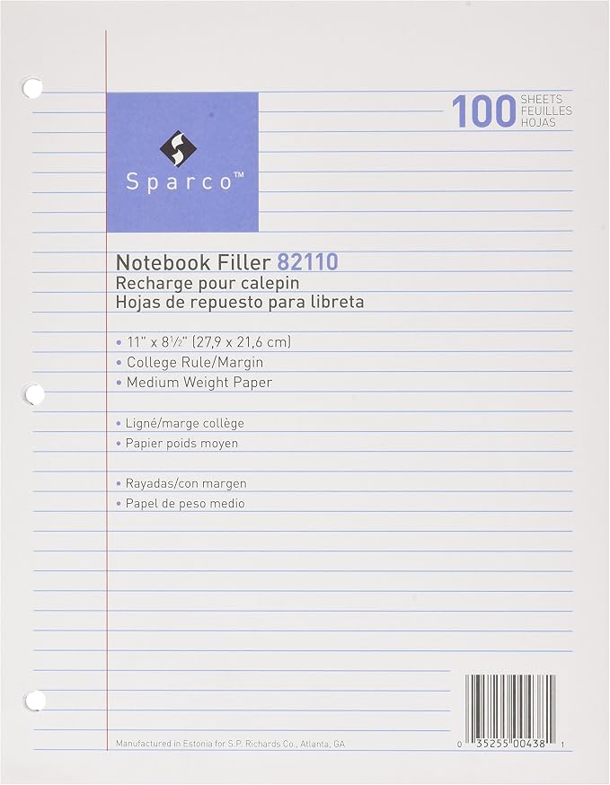 Sparco Filler Paper, 3-HP, College Ruled, 11 x 8-1/2 Inches, 100 per Pack, White (SPR82110)