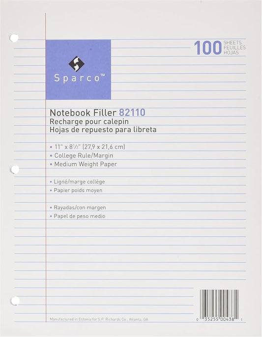 Sparco Filler Paper, 3-HP, College Ruled, 11 x 8-1/2 Inches, 100 per Pack, White (SPR82110)