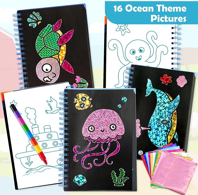 FUNNYB&G Foil Art Craft Kit for Kids 4-10 Years Old: Mess-Free & No-Glue, Create 16 Sparkly Ocean Pictures – Perfect Travel Toy & Birthday Gift for Kids (Ocean)