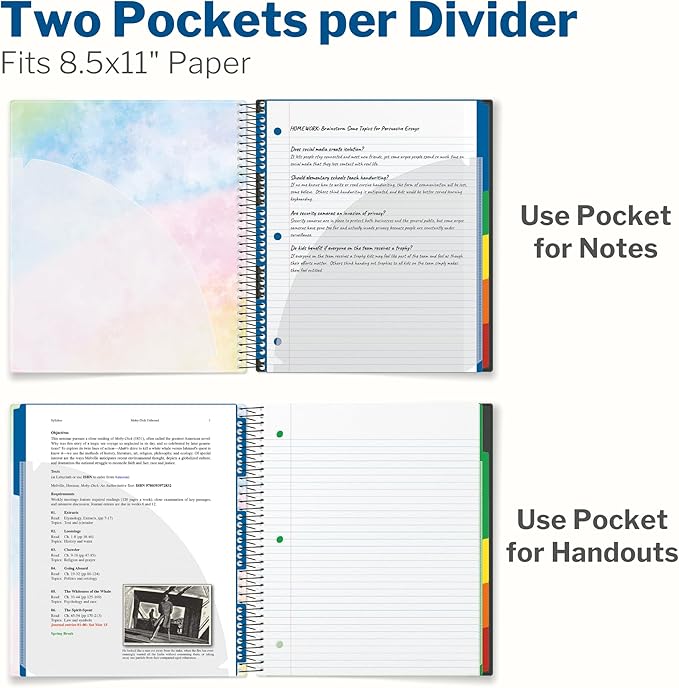 CRANBURY 5-Subject Notebook College Ruled, Movable Pocket Dividers with Tabs, 200 Sheets (400 Pages) 8.5x11 Paper, Colorful Spiral Notebook, Protective Plastic Covers, Multi Subject