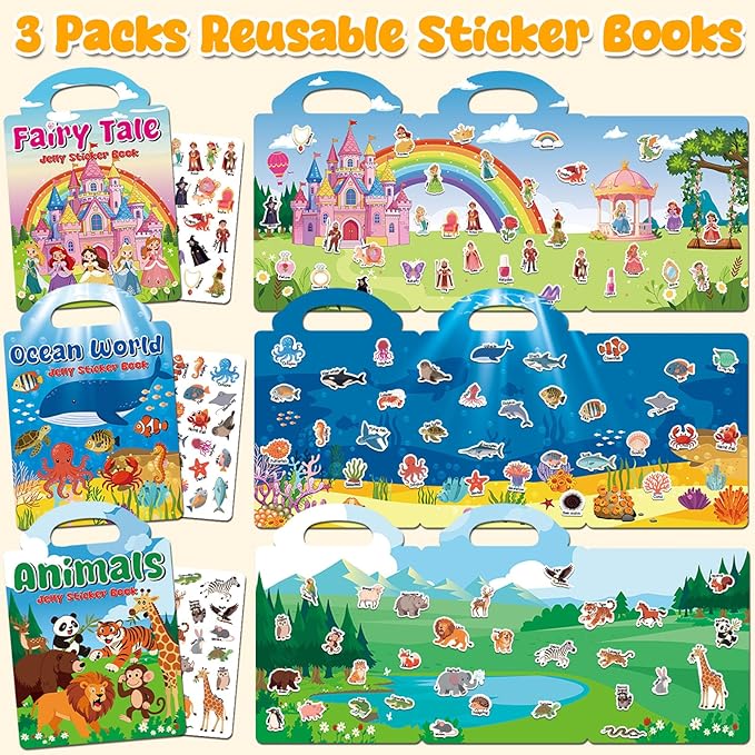 Reusable Sticker Book for Kids, 3 Sets Jelly Sticker Books for Toddlers 2-4 Years, Airplane Train Car Travel Essentials Toys for Kids 3-5