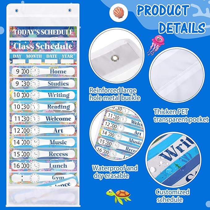 Ocean Daily Schedule Pocket Chart For Classroom Decor With 13+1 Pockets And 42 Designed Schedule Cards, Teacher Supplies For Preschool Classroom Home Office Back To School Decorations