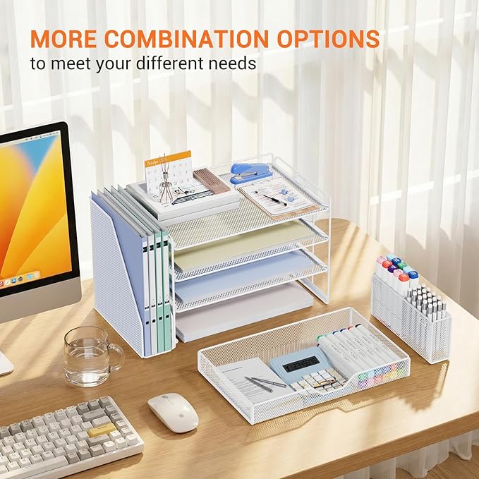 OPNICE 4-Tier Desk Organizer and Accessories, Desktop File Organizer with Drawer, Pen Holder and File Holder, Paper Letter Tray Organizer, Office Desk Accessories for Home Office Supplies, White
