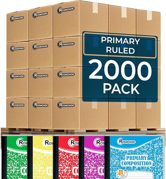Rosmonde 2000 Pack (Pallet) Composition Notebooks Bulk, Primary Ruled, Full Pallet of Composition Notebooks, 200 Pages (100 Sheets), 9-3/4 x 7-1/2, Bulk Notebooks for Grades K-2, 4-7 Days Transit