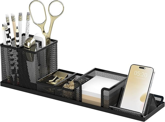 SUPEASY Pen Holder for Desk, 6 Piece Mesh Desk Organizer Set for Office Organization with Phone Holder, Sticky Notes Caddy Storage for Classroom, School (Black)