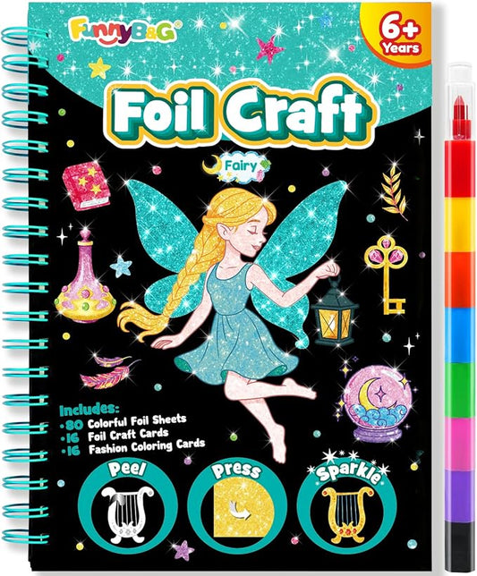 FUNNYB&G Foil Art Craft Kit for Girls 4-10 Years Old: Mess-Free & No-Glue, Create 16 Sparkly Fairy Pictures – Perfect Travel Toy & Birthday Gift for Kids（Fairy）
