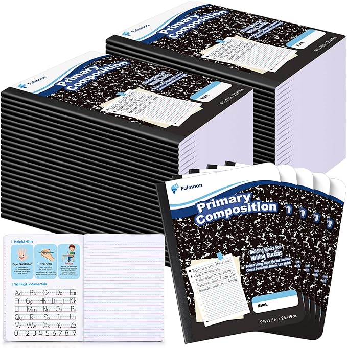 48 Pack Primary Composition Notebook,Grade K-2 Journal Wide 3 Line Ruled,80 Pages,Marble Cover,7-1/2" x 9-3/4" Primary Writing Notebook for Kindergarten Preschool,1st 2nd Grad (Black Color)