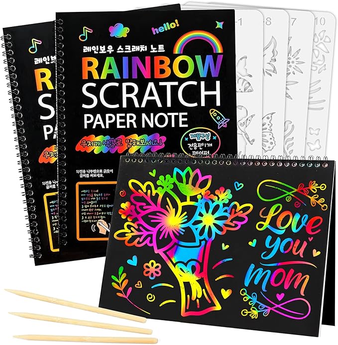 Mocoosy 3 Pack Rainbow Scratch Art Paper Notebooks, Spiral Bound Magic Scratch Pads for Kids Arts Crafts Supplies, Black Sketch Note Coloring Activity Book Travel Games Gifts for Girls Boys