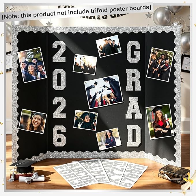 Silver 175 Pcs Graduation Photo Display Board Sticker Glitter Border Trim Alphabet Letter Number for 2026 Grad Party Trifold Poster Photo Display Event Displays Bulletin Board