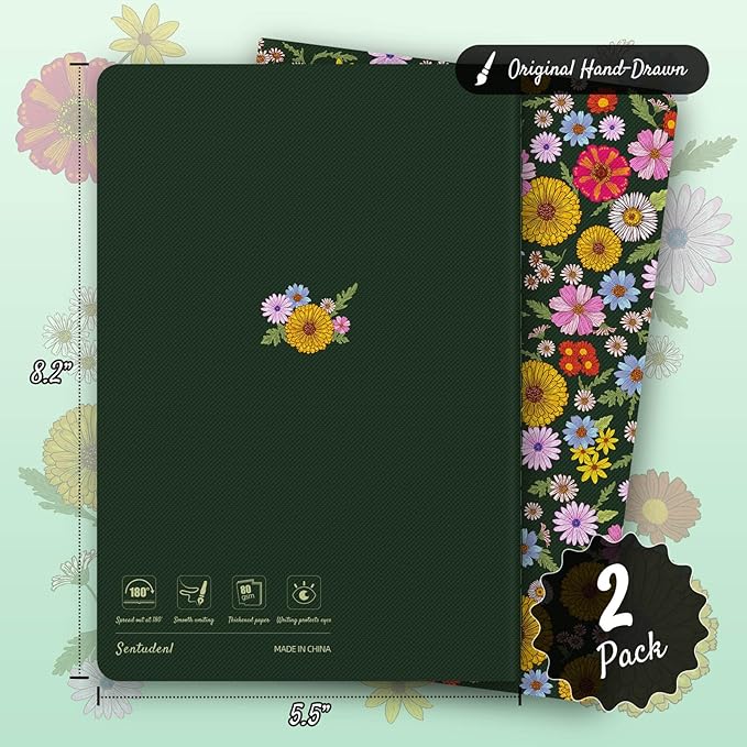 Stitched Composition Notebooks 2-Pack with Unique Art Designed Cover, A5 Lined Diary (8.2"L*5.5"W), Lay Flat Design, Thicked Paper Writes Smoothly for School and Office (Happy Garden)