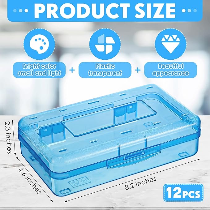 Leelosp 12 Pack Clear Pencil Boxes for School Bulk, Large Plastic Pencil Case with Lid, Stackable Hard Crayon Storage Box for Classroom Kids, Desk Drawer Organizer for Office Home(Blue)