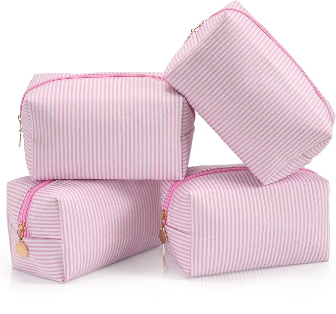 Makeup Bag Set for Women, 4PCS Travel Cosmetic Bags, Striped Seersucker Toiletry Organizer Pouches, Cute Makeup Pouch for Purse, Accessories and Gifts, Pink