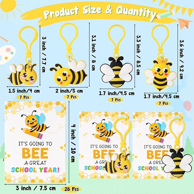 Haooryx Back to School Gift Card with Bee Keychains - 28 Pack Back to School Student Keychain with Greeting Cards Cute Bee Key Ring for Kids First Day of School Gift Class Reward Party Favor Supplies