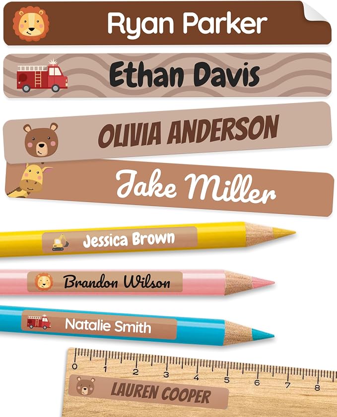 Personalized Kids Name Labels for Pencils Brown [150pcs] - Waterproof Name Stickers for School & Daycare - Pencil Custom Name Stickers - Children Name Stick On Labels for Pens (2.0”x0.3”)