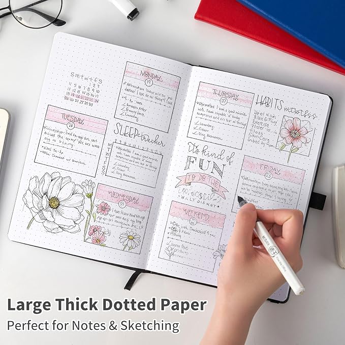 Heture Hardcover Dotted Notebooks, A5 Dotted Journal Notebook for Writing 160 Pages, 8.2 x 5.5 inch, Classic Dotted Notebooks for College/Work/Travel (Dotted-3 Pack, Red)