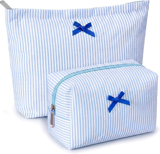 Huhumy 2 Pcs Bow Tie Makeup Bag Set, Stripe Cosmetic Pouch for Women, Seersucker Travel Toiletry Bag, Preppy Makeup Purse Pouch, Aesthetic Skincare Brushes Storage Organizer for Women Gifts(Blue)
