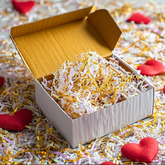 Uptotop 5oz Crinkle Cut Paper Shred Filler for Gift Wrapping, Gift Basket Filling, Perfect for Birthday, Christmas, Thanksgiving, Halloween, Easter, Valentine's Day, Mother's Day, Father's Day, Wedding & Holiday Decor, Diamond White and Gold