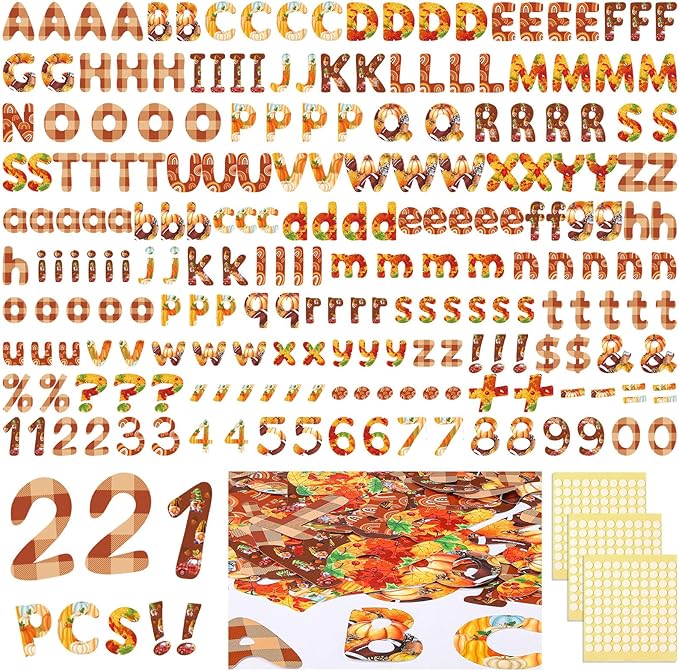 221 Pcs Fall Thanksgiving Bulletin Board Letters Round Alphabet Number Punctuation Symbol Combo Letter Cutouts Autumn Classroom Decoration for Thanksgiving Fall School Chalkboard Poster Board