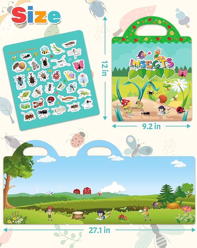 Benresive Reusable Sticker Book for Toddlers, Travel Stickers for Kids, Toddler Crafts Activities Toys, Birthday Gifts for Boys & Girls - Insect