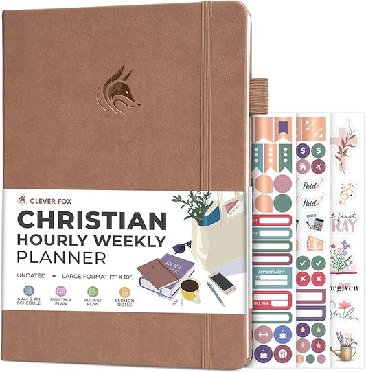 Clever Fox Christian Hourly Weekly Planner – Goal Setting Planner with Time Slots, Monthly Budget, Sermon Notes, Bible Reading Tracker (Dark Terracotta)