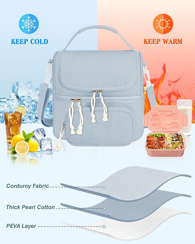 HowFly Lunch Bag for Women Insulated Lunch Boxes Corduroy Resuable Lunch Box for Girls Teens Kigs Boys Portable Thermal Cooler Bags for School Work, Blue