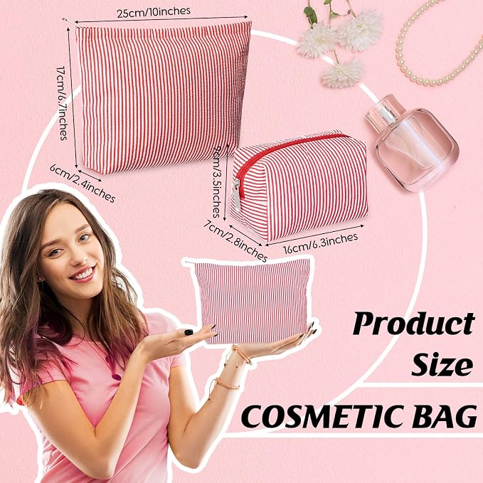 Huhumy 2 Pcs Makeup Bag Set for Women, Red, Thin Striped Seersucker | Cute Cosmetic Pouch Women Travel Toiletry Bag Preppy Small Makeup Purse Pouch Aesthetic Skincare Brushes Storage Organizer