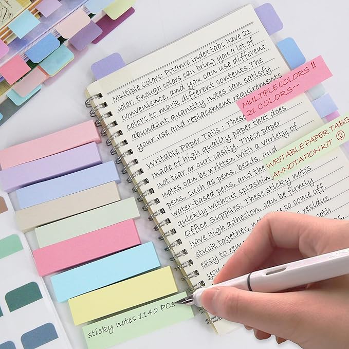 Potanro 1140PCS Sticky Index Tabs, Colourful Tabs for Notebooks, Page Markers Sticky Tabs, Book Tabs, Tabs for School Office, Classroom, Home Meetings