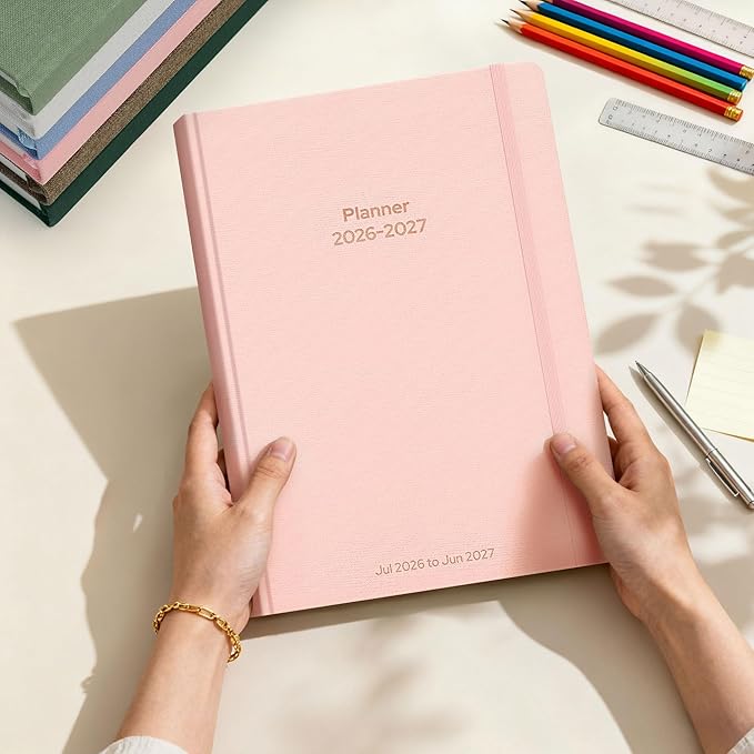 Planner 2026-2027 Monthly and Weekly Academic Planner July 2026 - June 2027, Linen Hardcover Agenda 2026-2027 Calendar Daily Planner for Student Teacher with Monthly Tabs, 7.3" x 10", Light Pink