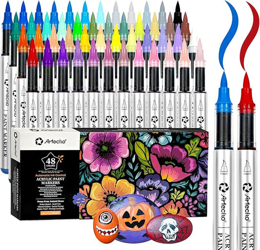 Artecho Automatic Ink Control Acrylic Paint Markers 48 Colors Brush Tip, for Stone, Rock Painting, Paper, Pumpkin, Wood, Egg, Canvas, Ceramic, Fabric, leather, Glass, DIY Crafts