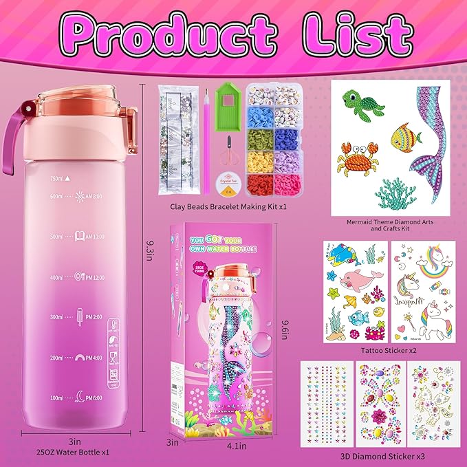 BOOH Decorate Your Own Water Bottle Kits for Girls, Mermaid Painting Diamond Art & Bracelet Making Kit for Girl, Crafts for Kids Ages 4-8, Birthday Christmas School Gifts (Mermaid)