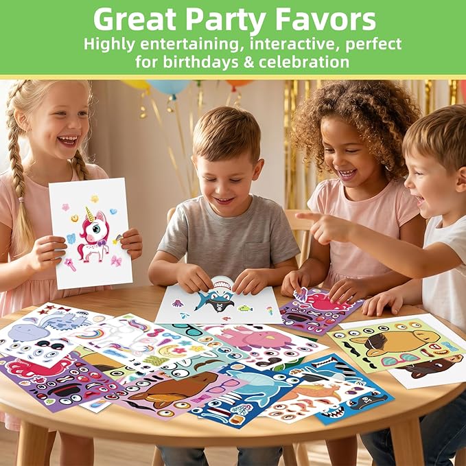 24 Sheets 8.27''×5.9'' Make Your Own Stickers for Kids Toddlers, Make a Face Stickers Mix and Match with Unicorns Dinosaur Horse and Sea Animals for Kids Party Favors Activities