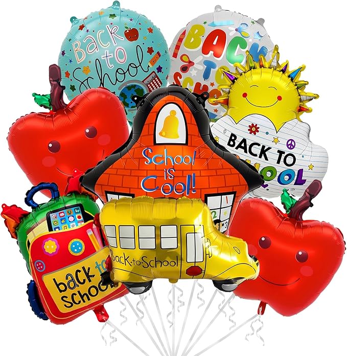 8PCS Back to School Balloons Set, School Bus, Apple, Backpack, School, Sun Foil Balloons, 18 Inch Round Back to School Balloons for Classroom Decorations, First Day of School Party Supplies