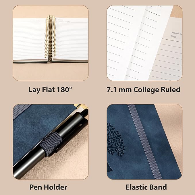 Yoment Hardcover Spiral Notebook 8.5" x 11" Leather 5 Subject Notebook College Ruled with Dividers Tabs 300 Pages Large Spiral Journal Notebooks for Work School Note-Taking Business, Gray Blue