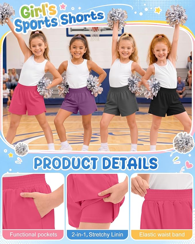 4 Pack Girls Athletic Shorts 2 in 1 Quick Dry High Waist Tween Shorts with Liner Kids Back to School Running Shorts