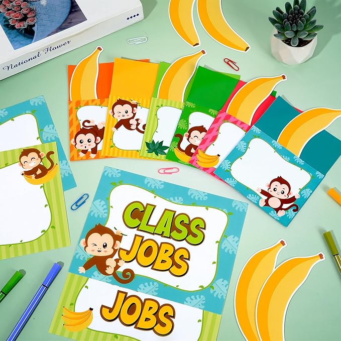 112 Pcs Monkey Class Jobs Bulletin Board Set Jungle Animal Classroom Jobs Pocket Chart Bulk Class Management Educational Chart Teacher's Helper Poster Decoration Back to School Supplies