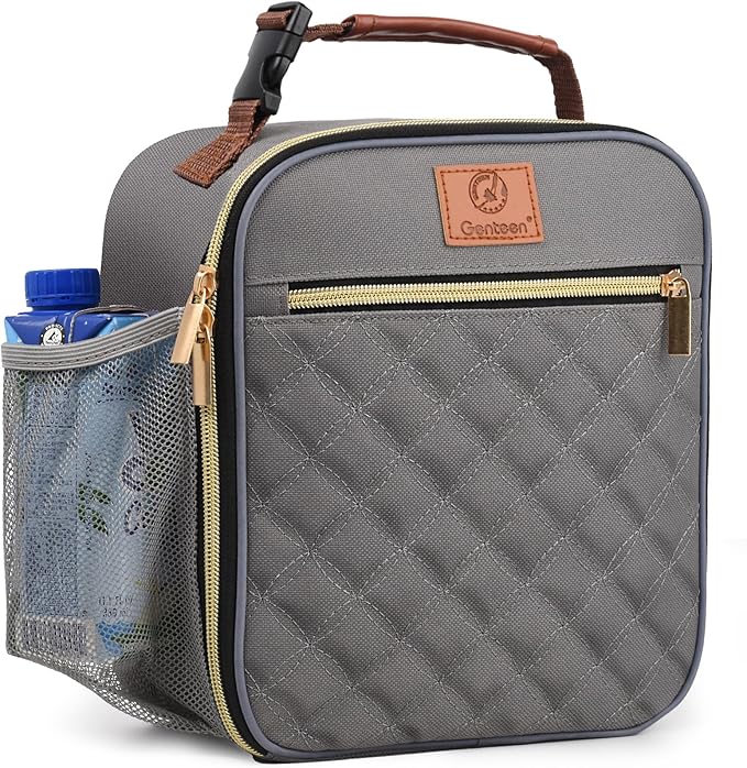 Genteen Lunch Box Reusable Lunch Bag for Men Women Kids Adults,Insulated Lunch Bag Waterproof Lunch Box Cooler,Small LunchBox With Side Pockets for Work Office School Travel Picnic -Gray