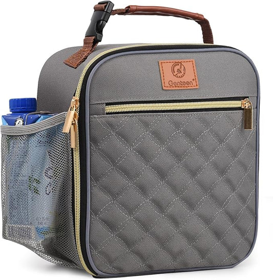Genteen Lunch Box Reusable Lunch Bag for Men Women Kids Adults,Insulated Lunch Bag Waterproof Lunch Box Cooler,Small LunchBox With Side Pockets for Work Office School Travel Picnic -Gray