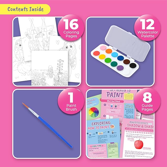 Water Coloring Book for Beginners Painting Kits for Kids Ages 5 and Up, Watercolor Paint Book with 12 Paint Palettes, 1 Brush, and Guides, Fashion Painting for Girls with 15 Pre-Drawn Models