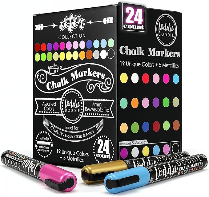 Loddie Doddie Chalk Markers - Pack of 24, 6mm Reversible Tips - Liquid Chalk Pens for Glass Surfaces & Windows - Erasable Pens for Chalkboard Calendar - Non-Toxic Chalkboard Markers