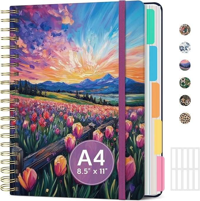 Large Spiral Notebook with Dividers & Tabs, 8.5" x 11" Hardcover 5 Subject Notebook for Work, 280 Pages, College Ruled, Cute Journal for Women, Perfect for Study & Office Note Taking, Radiant Pastures