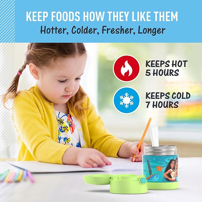 THERMOS FUNTAINER Insulated Food Jar, 10 Ounce, Kid Friendly Food Jar with Foldable Spoon, Moana